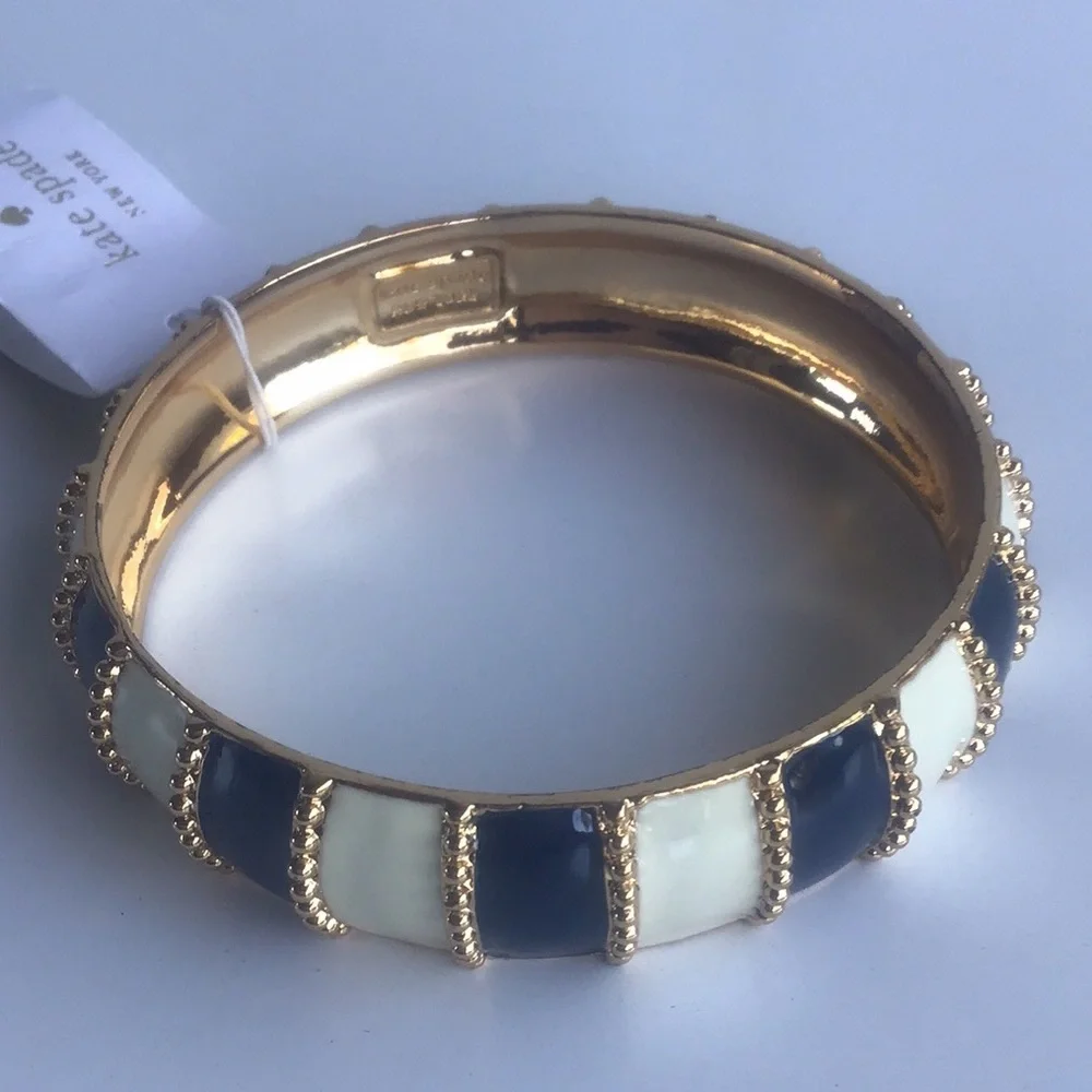 Kate Spade Gold, white ivory and Navy Striped beaded Bracelet chunky bangle - Picture 12 of 16